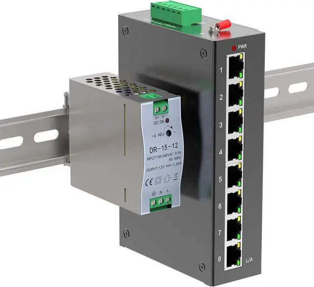 Main image of 8 Port 100M Unmanaged Industrial Switch with DIN Rail 15W Power Supply,DIN-Rail Ethernet Switch,IP40,4KV Lightning Protection,Operating Temperature Range -40° 80°C