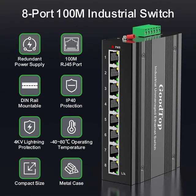 Alt view image 2 of 7 - 8 Port 100M Unmanaged Industrial Switch with DIN Rail 15W Power Supply,DIN-Rail Ethernet Switch,IP40,4KV Lightning Protection,Operating Temperature Range -40° 80°C