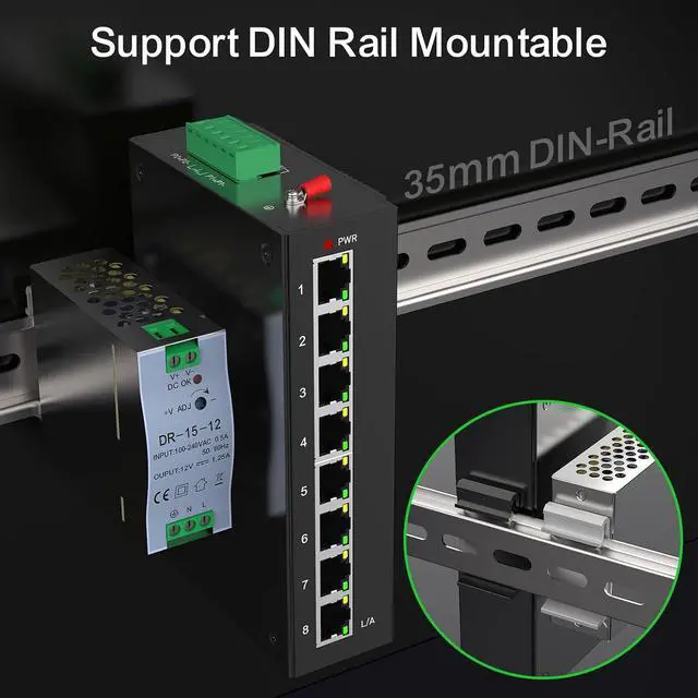 Alt view image 3 of 7 - 8 Port 100M Unmanaged Industrial Switch with DIN Rail 15W Power Supply,DIN-Rail Ethernet Switch,IP40,4KV Lightning Protection,Operating Temperature Range -40° 80°C