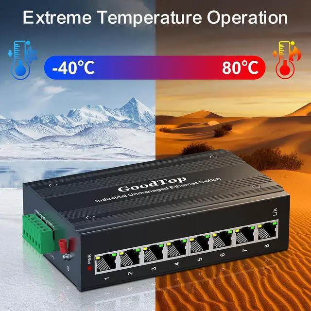 Alt view image 6 of 7 - 8 Port 100M Unmanaged Industrial Switch with DIN Rail 15W Power Supply,DIN-Rail Ethernet Switch,IP40,4KV Lightning Protection,Operating Temperature Range -40° 80°C