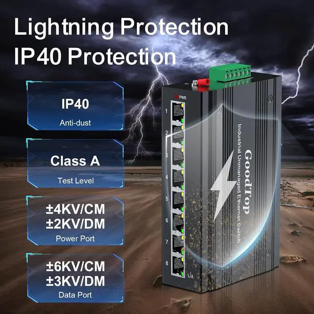 Alt view image 5 of 7 - 8 Port 100M Unmanaged Industrial Switch with DIN Rail 15W Power Supply,DIN-Rail Ethernet Switch,IP40,4KV Lightning Protection,Operating Temperature Range -40° 80°C