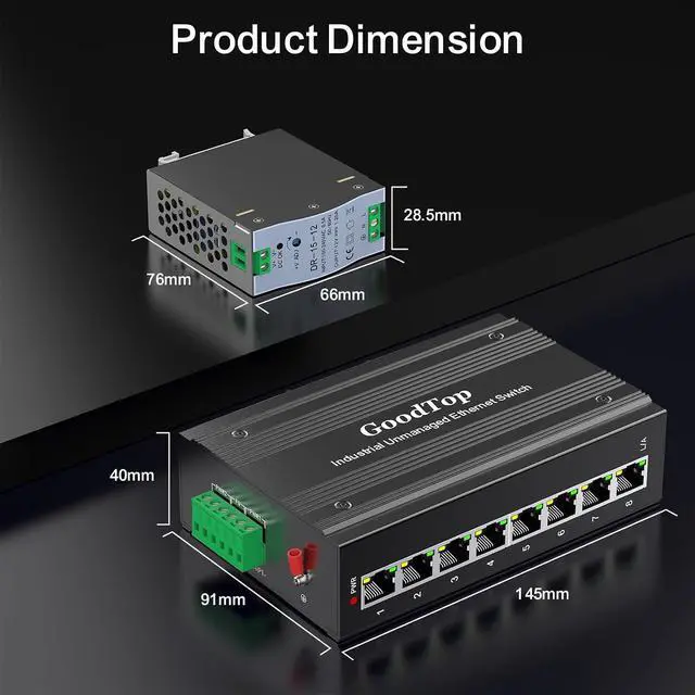 Alt view image 7 of 7 - 8 Port 100M Unmanaged Industrial Switch with DIN Rail 15W Power Supply,DIN-Rail Ethernet Switch,IP40,4KV Lightning Protection,Operating Temperature Range -40° 80°C