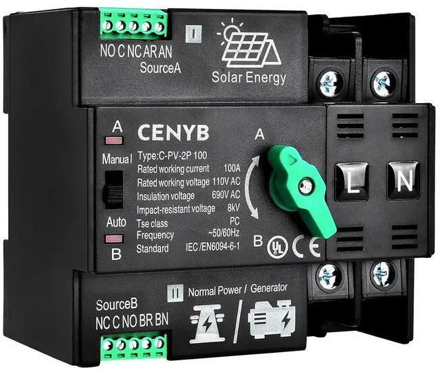 Main image of PV - Dedicated Automatic/Manual Transfer Switch Mini ATS Solar Auto Dual Power Switch 2P 100A AC110V Uninterrupted Power Supply DIN Rail Mount Toggle Changeover Module