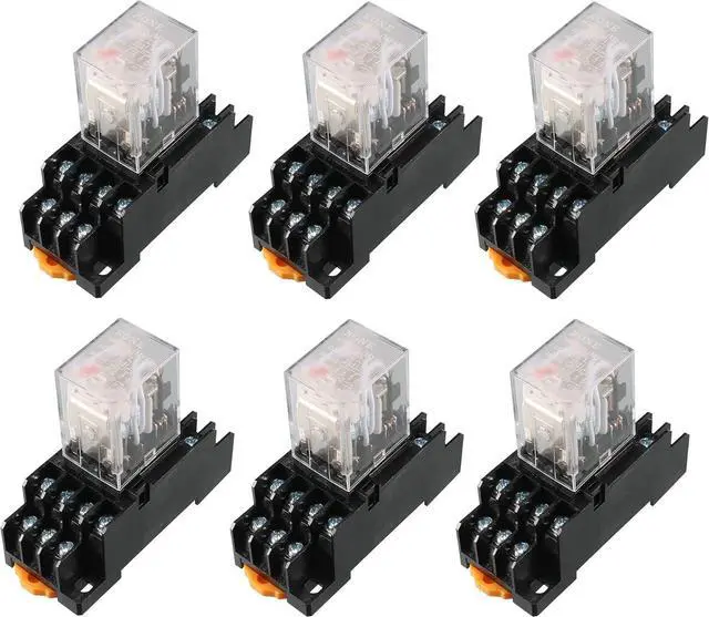 Main image of 6 Pcs AC 110V/120V Coil 4PDT 35mm DIN Rail Power Relay + Socket