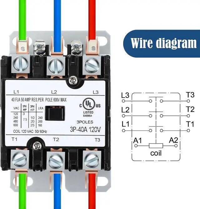 Alt view image 4 of 7 - 2 Pack Carrier HVAC Motor Contactor, 3 Pole 40 Amp 120V Coil Air Conditioner Contactor, AC Definite Purpose Contactor Replacement Relays, Air Conditioner Condenser Compressor