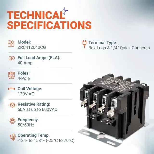 Alt view image 2 of 7 - Ultra Durable 4 Pole Contactor 40 Amp 120 VAC Coil - Compatible for Relays, Air Conditioner, Heat Pump, Refrigeration Systems - Replaces HCCY4XT04CJ C25ENF440A 42CF25AF - Pack of 2