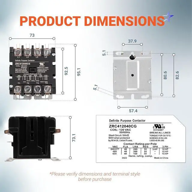 Alt view image 3 of 7 - Ultra Durable 4 Pole Contactor 40 Amp 120 VAC Coil - Compatible for Relays, Air Conditioner, Heat Pump, Refrigeration Systems - Replaces HCCY4XT04CJ C25ENF440A 42CF25AF - Pack of 2