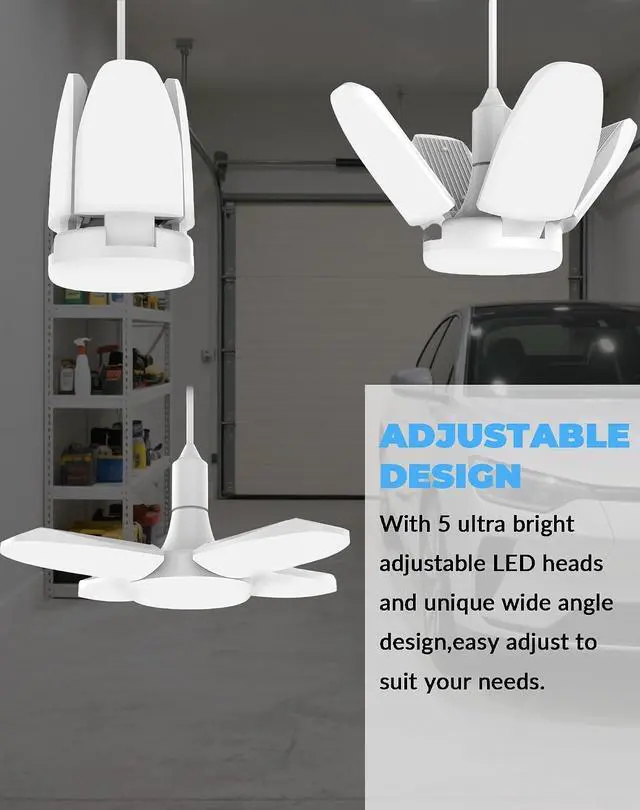 Alt view image 4 of 7 - 4 Pack LED Garage Lights, 6000LM 60W Deformable Shop Light with 4 Adjustable Panels, 6000K Garage Lights Ceiling Led, E26 Base - 360° Foldable Design for Warehouse/Basement/Workshop