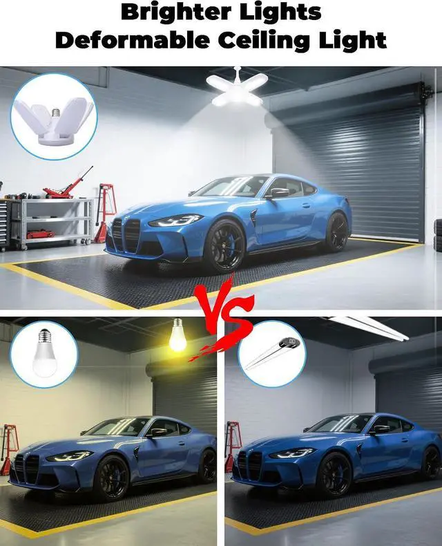 Alt view image 6 of 7 - 4 Pack LED Garage Lights, 6000LM 60W Deformable Shop Light with 4 Adjustable Panels, 6000K Garage Lights Ceiling Led, E26 Base - 360° Foldable Design for Warehouse/Basement/Workshop