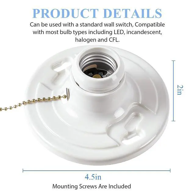 Alt view image 2 of 6 - 8 Pcs Keyless E26 Lamp Holder with Pull Chain - Medium Base 660w Ceiling Mount Socket White Light Fixture for LED & Incandescent Bulbs (Phenolic Resin)