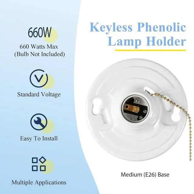 Alt view image 3 of 6 - 8 Pcs Keyless E26 Lamp Holder with Pull Chain - Medium Base 660w Ceiling Mount Socket White Light Fixture for LED & Incandescent Bulbs (Phenolic Resin)