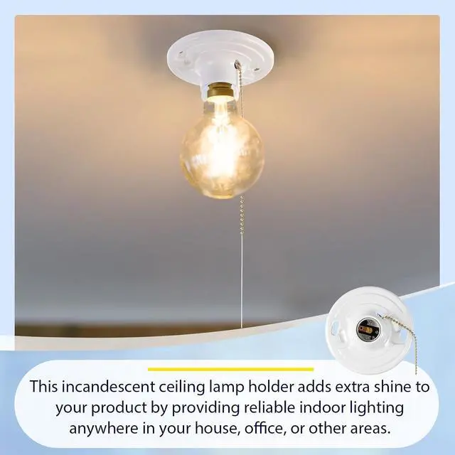 Alt view image 4 of 6 - 8 Pcs Keyless E26 Lamp Holder with Pull Chain - Medium Base 660w Ceiling Mount Socket White Light Fixture for LED & Incandescent Bulbs (Phenolic Resin)