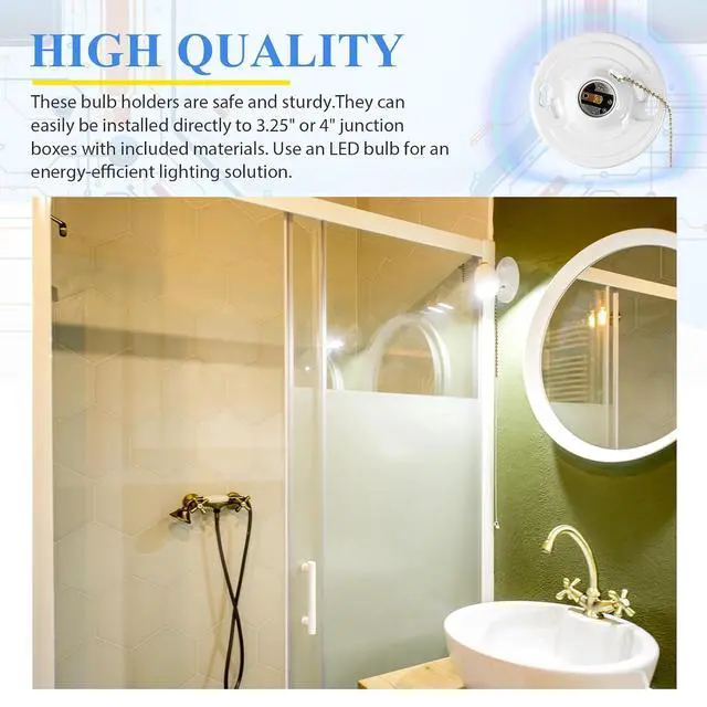 Alt view image 6 of 6 - 8 Pcs Keyless E26 Lamp Holder with Pull Chain - Medium Base 660w Ceiling Mount Socket White Light Fixture for LED & Incandescent Bulbs (Phenolic Resin)