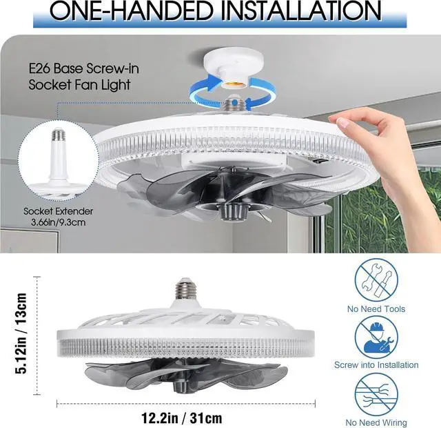 Alt view image 2 of 6 - Socket Ceiling Fan Light,Bulb Socket Fan with Remote,Dimmable E26 Base Ceiling Fans with Lights for Bedroom,Screw in Fan and Light Combo,Mini Small Ceiling Fan with Light,Recessed Light Fan Lamp