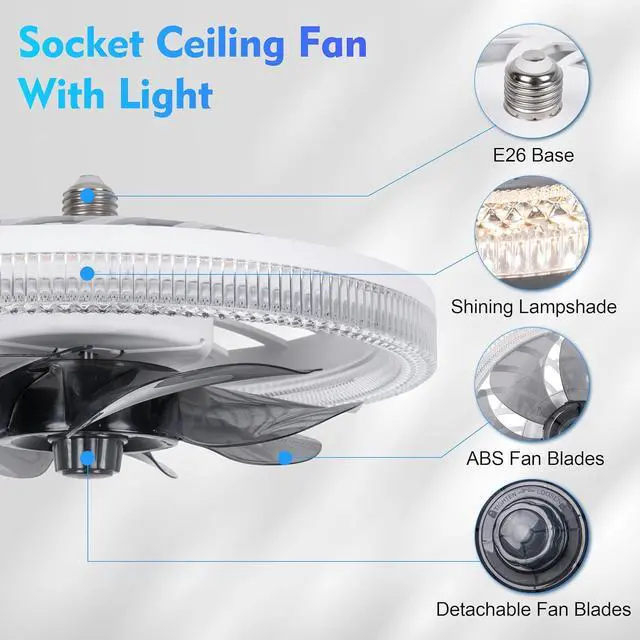 Alt view image 6 of 6 - Socket Ceiling Fan Light,Bulb Socket Fan with Remote,Dimmable E26 Base Ceiling Fans with Lights for Bedroom,Screw in Fan and Light Combo,Mini Small Ceiling Fan with Light,Recessed Light Fan Lamp