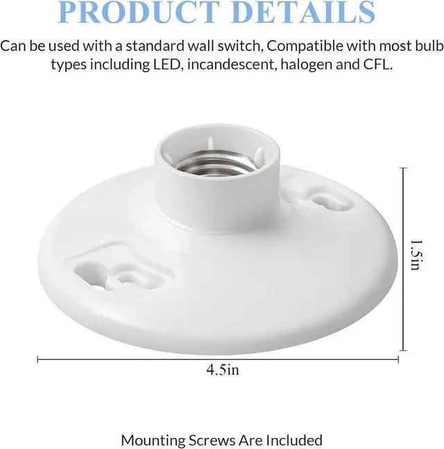 Alt view image 2 of 6 - 10 Pcs E26 Medium Base Light Socket Replacement, Ul Listed Keyless Ceiling Lamp Holder, Light Bulb Socket, Compatible with LED CFL Incandescent Bulbs, 660w 250v (Phenolic Resin)