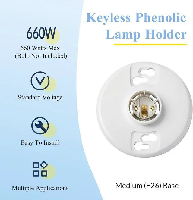 Alt view image 3 of 6 - 10 Pcs E26 Medium Base Light Socket Replacement, Ul Listed Keyless Ceiling Lamp Holder, Light Bulb Socket, Compatible with LED CFL Incandescent Bulbs, 660w 250v (Phenolic Resin)