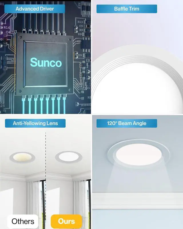 Alt view image 6 of 6 - Sunco 12 Pack 6 Inch LED Recessed Light, Ceiling Canless Recessed Lights, Baffle Trim Ultra Thin, 850 LM, 14W, 3000K Warm White, Dimmable, Wafer Thin with Junction Box.