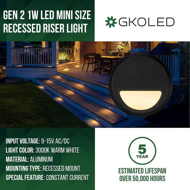 Alt view image 2 of 7 - Low Voltage Recessed LED Step Riser Light, Diameter 1" Mini Size, Landscape Lighting for Outdoor Deck Stair Railing Post, Die-cast Aluminum, 9-15V, 3000K, Black, 12-Pack, Gen 2