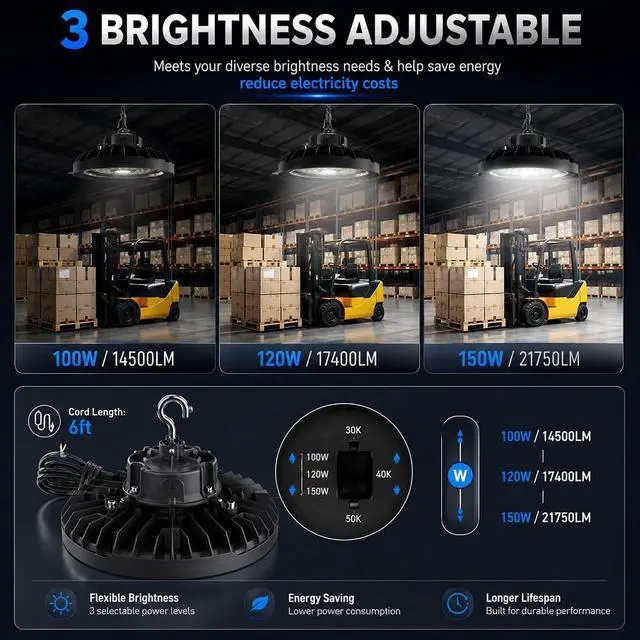 Alt view image 3 of 7 - UFO LED High Bay Light, Selectable 100W/120W/150W, 5000K, 21750LM 90 Degree Warehouse High Bay LED Shop Lights, Commercial Round Industrial Garage Gym Workshop Factory Interior(1 Pack)