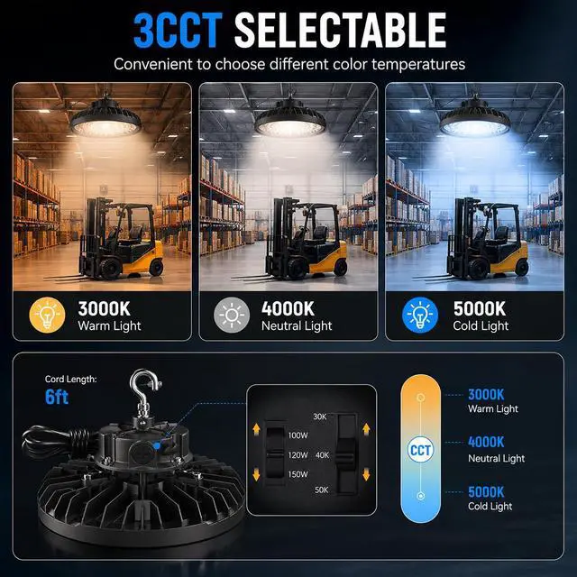 Alt view image 4 of 7 - UFO LED High Bay Light, Selectable 100W/120W/150W, 5000K, 21750LM 90 Degree Warehouse High Bay LED Shop Lights, Commercial Round Industrial Garage Gym Workshop Factory Interior(1 Pack)