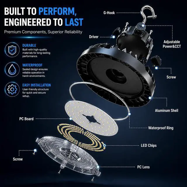 Alt view image 2 of 7 - UFO LED High Bay Light, Selectable 100W/120W/150W, 5000K, 21750LM 90 Degree Warehouse High Bay LED Shop Lights, Commercial Round Industrial Garage Gym Workshop Factory Interior(1 Pack)