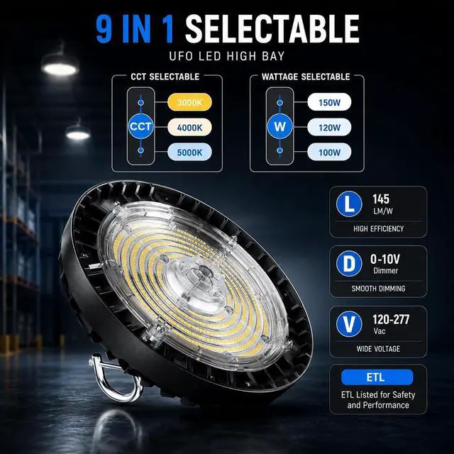 Alt view image 6 of 7 - UFO LED High Bay Light, Selectable 100W/120W/150W, 5000K, 21750LM 90 Degree Warehouse High Bay LED Shop Lights, Commercial Round Industrial Garage Gym Workshop Factory Interior(1 Pack)