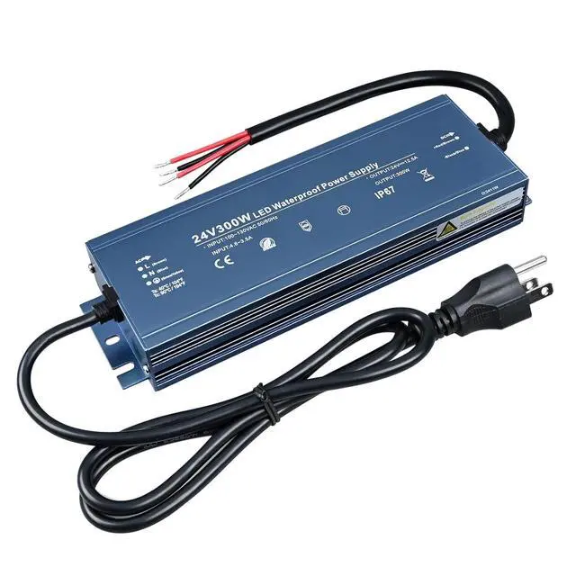 Main image of IP67 Waterproof 24V LED Driver 300W, CE Outdoor Power Supply Adapter | AC100V-130V to DC24V 12.5A Output, CE Certified, with 3 Pin Plug, Noiseless, Fast cooling