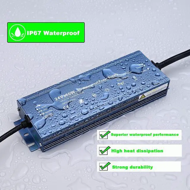 Alt view image 2 of 5 - IP67 Waterproof 24V LED Driver 300W, CE Outdoor Power Supply Adapter | AC100V-130V to DC24V 12.5A Output, CE Certified, with 3 Pin Plug, Noiseless, Fast cooling