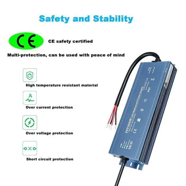 Alt view image 4 of 5 - IP67 Waterproof 24V LED Driver 300W, CE Outdoor Power Supply Adapter | AC100V-130V to DC24V 12.5A Output, CE Certified, with 3 Pin Plug, Noiseless, Fast cooling