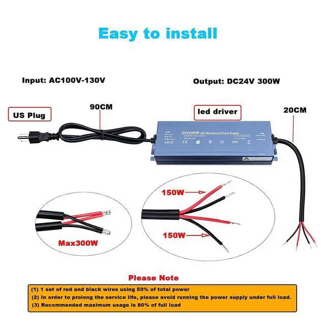 Alt view image 3 of 5 - IP67 Waterproof 24V LED Driver 300W, CE Outdoor Power Supply Adapter | AC100V-130V to DC24V 12.5A Output, CE Certified, with 3 Pin Plug, Noiseless, Fast cooling
