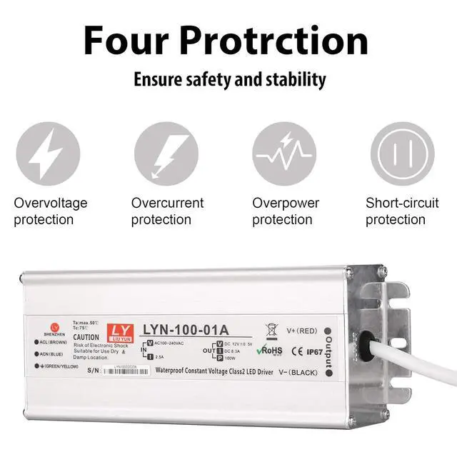 Alt view image 6 of 7 - LED Driver 100 Watts 110V AC to 12V DC Low Voltage Output, IP67 Waterproof Power Low Voltage Transformer Adapter with 3 pin Plug LED Cable for LED Light bar, Indoor and Outdoor Light String