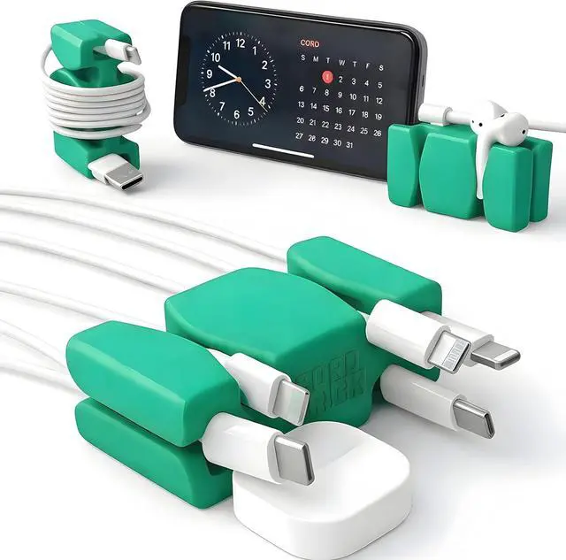 Main image of 4PK Silicone & Steel Weighted Cord Holders for Bedside. Travel Phone Cable Organizers. Multiuse iPhone Accessories. Small Gifts for Him, College Student. Tech Gadgets for Teenagers. Green