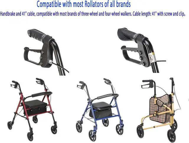 Alt view image 2 of 3 - 2Set Walker Rollator Replacement Brake,41 Inch Cable,Adjustable Wheel Lock,w/Hardware, Cable,Clip,Left and Right Hand Grip,Compatible with All Brands 3/4 Wheel Aluminum Steel Rollator,Universal Parts