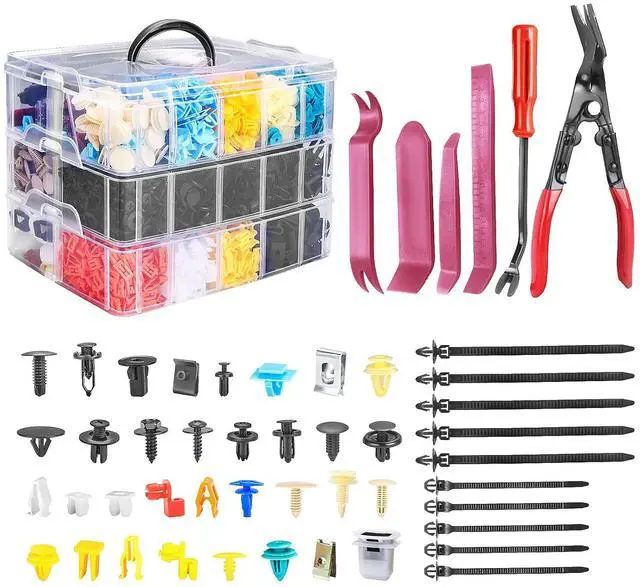 Main image of Car Retainer Clips & Fasteners Kit 33 Universal Sizes Nylon Bumper, Fender Rivets, Door Panel Clips, and Plastic Rivets with 10 Cable Ties and Removal Tool for Toyota, Ford (2080pcs)