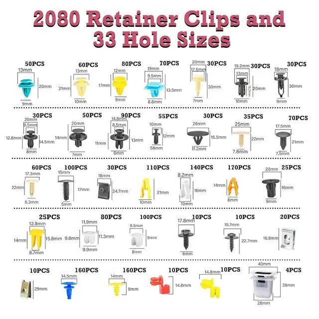 Alt view image 2 of 7 - Car Retainer Clips & Fasteners Kit 33 Universal Sizes Nylon Bumper, Fender Rivets, Door Panel Clips, and Plastic Rivets with 10 Cable Ties and Removal Tool for Toyota, Ford (2080pcs)