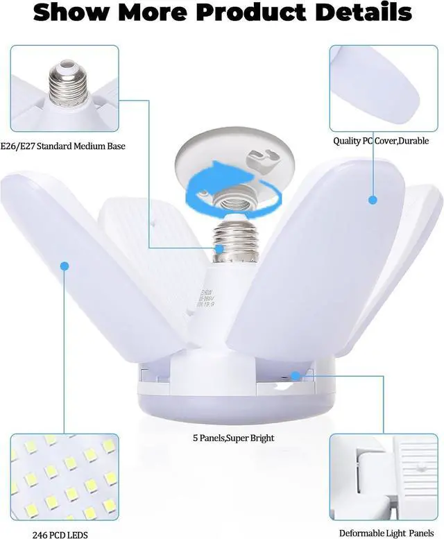 Alt view image 5 of 7 - 4 Pack LED Garage Lights, 6000LM 60W Deformable Shop Light with 4 Adjustable Panels, 6000K Garage Lights Ceiling Led, E26 Base - 360° Foldable Design for Warehouse/Basement/Workshop