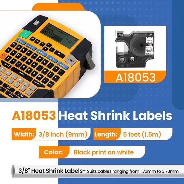 Alt view image 4 of 7 - A18053 Heat Shrink Tube Labels Replacement for DYMO Rhino 18053 Fit with DYMO Rhino 4200 5200 5000 6000 Industrial Label Maker (Black on White, 3/8" x 4.9'),10-Pack