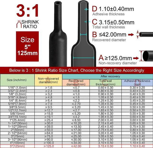 Alt view image 3 of 7 - 3:1 Ratio 5" LARGE (125mm) Heat Shrink Tubing - Marine Grade Waterproof Adhesive Lined - 4Ft Roll (1.22M Total Length) Black Polyolefin Sleeving Wrap Shrinking 3 to 1 Ratio 1pcs