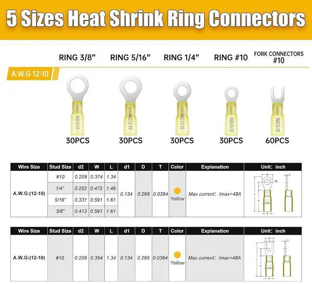 Alt view image 2 of 7 - 180PCS Marine Grade Heat Shrink Wire Connectors-Electrical Connectors Kit of Tinned Red Copper,Crimp Insulated Ring Fork Spade Butt Splice AWG12-10 Gauge (180pcs Yellow, AWG 12-10)