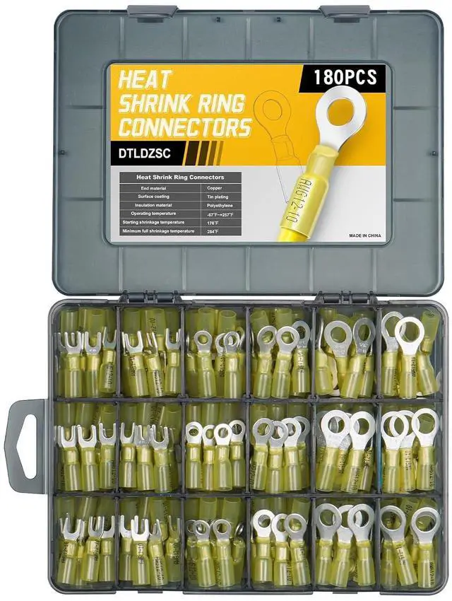 Main image of 180PCS Marine Grade Heat Shrink Wire Connectors-Electrical Connectors Kit of Tinned Red Copper,Crimp Insulated Ring Fork Spade Butt Splice AWG12-10 Gauge (180pcs Yellow, AWG 12-10)