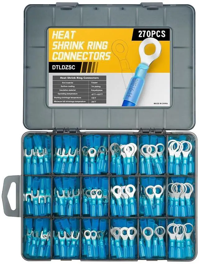 Main image of 270PCS Marine Grade Heat Shrink Wire Connectors-Electrical Connectors Kit of Tinned Red Copper,Crimp Insulated Ring Fork Spade Butt Splice AWG16-14 Gauge (270pcs Blue, AWG 16-14)
