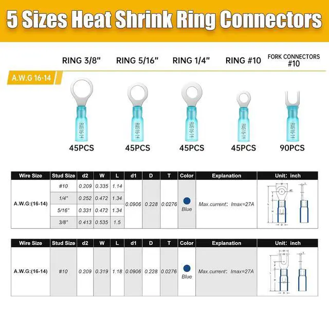 Alt view image 2 of 7 - 270PCS Marine Grade Heat Shrink Wire Connectors-Electrical Connectors Kit of Tinned Red Copper,Crimp Insulated Ring Fork Spade Butt Splice AWG16-14 Gauge (270pcs Blue, AWG 16-14)