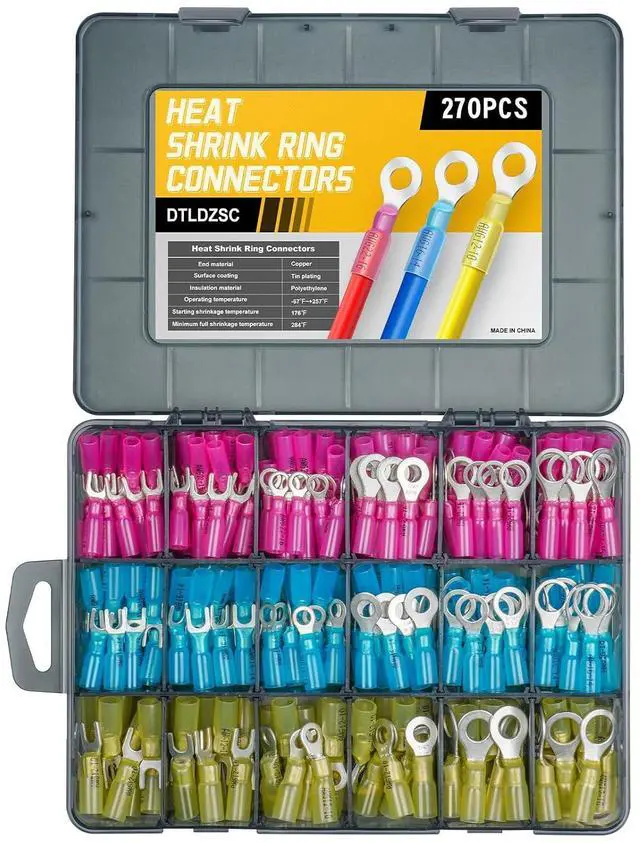 Main image of 270PCS Marine Grade Heat Shrink Wire Connectors-Electrical Connectors Kit of Tinned Red Copper,Crimp Insulated Ring Fork Spade Butt Splice AWG22-16 16-14 12-10 Gauge (270Pcs Kit, AWG 22-10)