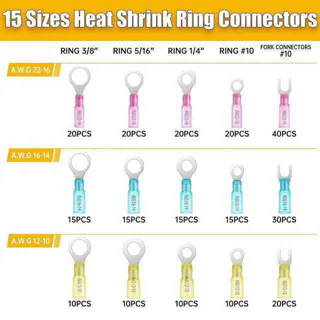 Alt view image 2 of 7 - 270PCS Marine Grade Heat Shrink Wire Connectors-Electrical Connectors Kit of Tinned Red Copper,Crimp Insulated Ring Fork Spade Butt Splice AWG22-16 16-14 12-10 Gauge (270Pcs Kit, AWG 22-10)