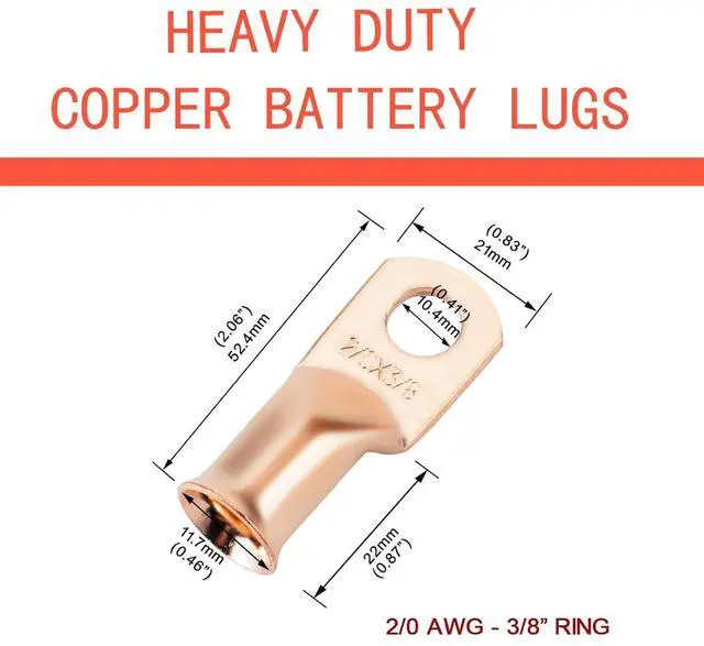 Alt view image 2 of 6 - 2/0 AWG 3/8" Stud (25 pcs.), Heavy Duty Copper Wire Lugs 00 Gauge Ring Terminal 2/0 Copper Wire Lugs Battery Cable Ends