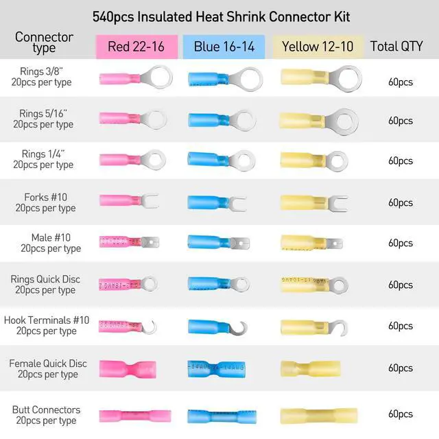 Alt view image 2 of 7 - 540 PCS Heat Shrink Wire Connectors Waterproof Automotive Marine Electrical Terminals Kit Ring Fork Hook Spade Butt Splices
