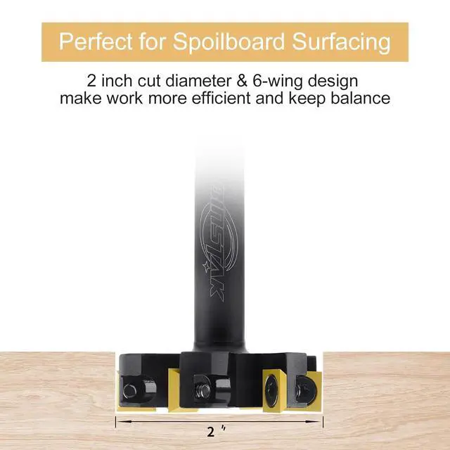 Alt view image 4 of 7 - CNC Spoilboard Surfacing Router Bit, 1/2" Shank 2" Cutting Diameter, 6 Wings Carbide Insert Slab Flattening Router Bits Wood Planing Planer Bit