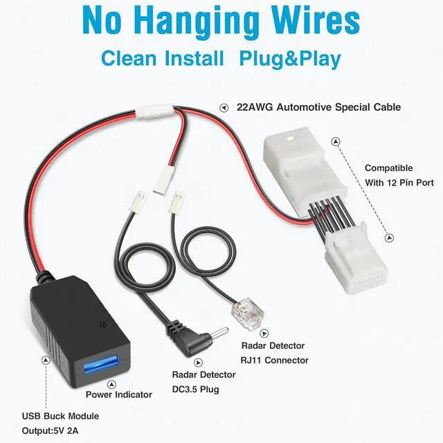 Alt view image 6 of 7 - Radar Detector Power Cord Adapter,(12Pin Type-A) Compatible with Toyota, Honda, Subaru and More, Connect to Rearview Mirror,RJ11 DC3.5 Radar Charger Cable, Built-in Hidden USB,Plug&Play