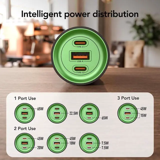 Alt view image 4 of 7 - 65W USB C Charger with 5ft Detachable Power Extension Cord, 3-Port GaN Fast Charging Station for MacBook/iPhone 17/16, Desktop Charger & Travel Power Block Dual Mode (Cyber Green)